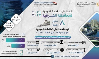 "التخطيط": 8 مليار جنيه قيمة الاستثمارات العامة الموجهة لتنفيذ 406 مشروعًا تنمويًا بمحافظة الشرقية بخطة عام 21/2022