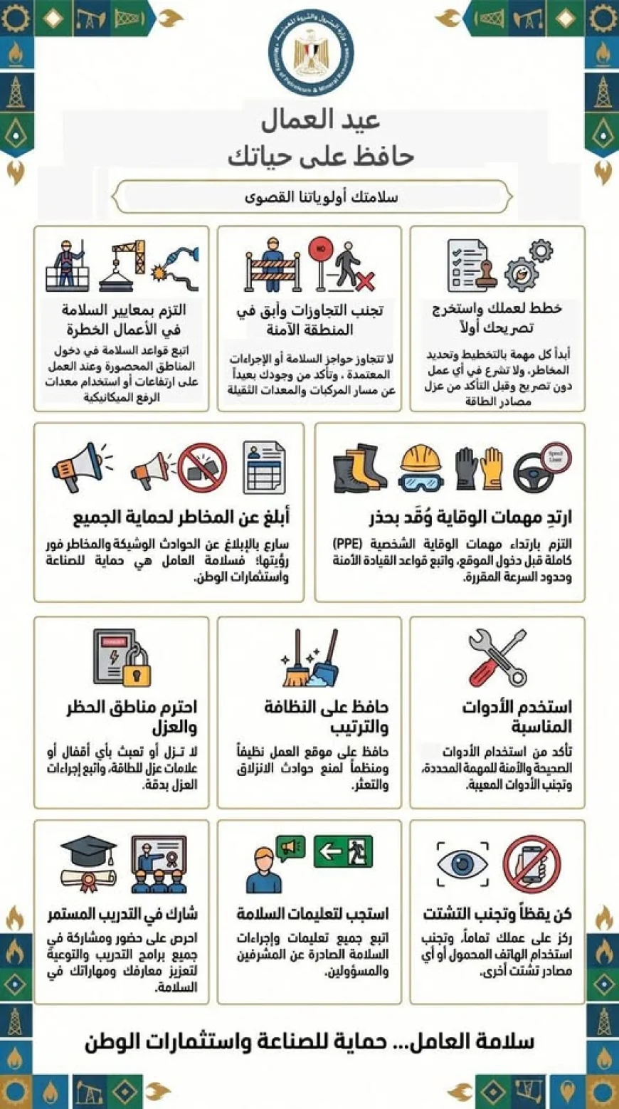 وزارة البترول تؤكد: ثقافة السلامة في مواقع العمل  ركيزة أساسية لحماية العاملين وضمان استمرارية الإنتاج