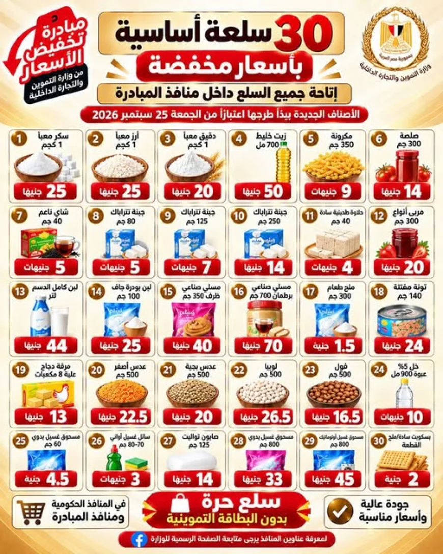 مبادرة خفض الأسعار.. وزارة التموين تطرح 30 سلعة بأسعار مخفضة حتى مارس 2027