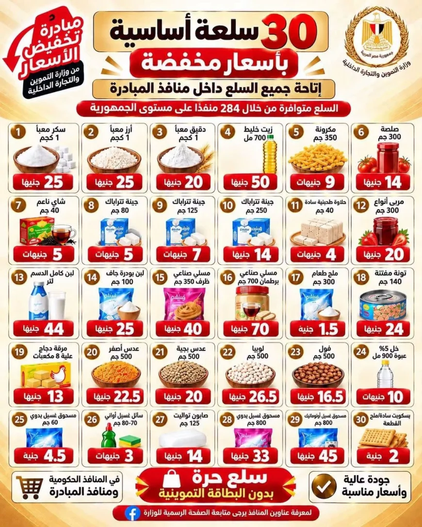 أسعار 30 سلعة ضمن مبادرة خفض الأسعار.. التموين تطرح السكر والأرز والزيت بأسعار مخفضة